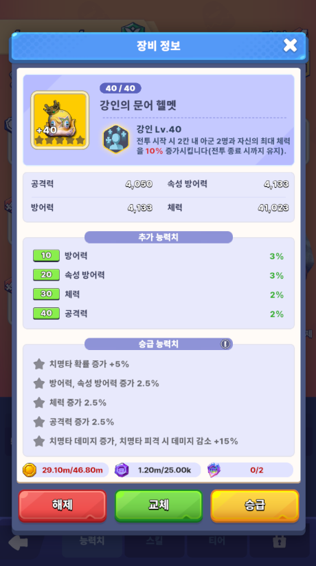 강인의 문어 헬멧 40강 — 강인 Lv.40 10%, 승급 대기 상태